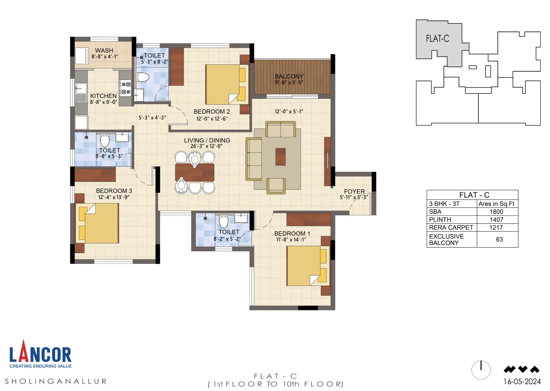 Flat C 3 BHK Floor Plan